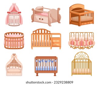 Set of Cribs, Comfortable And Safe Sleeping Spaces For Infants, Provide A Secure Environment With Sturdy Construction And Adjustable Features For Convenience. Cartoon Vector Illustration