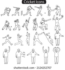 A set of cricket actions, batting, bowling, catching and umpires. can be used as icons, line drawing, coloring books and silhouette.