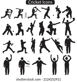 A set of cricket actions, batting, bowling, catching and umpires. can be used as icons, line drawing, coloring books and silhouette.