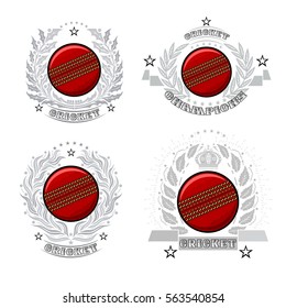 Set of cricket ball in center of silver wreathes. Sport logo for any team or championship