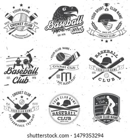 Set of cricket and baseball club badges. Vector illustration. Concept for shirt, print, stamp or tee. Templates for sports club.