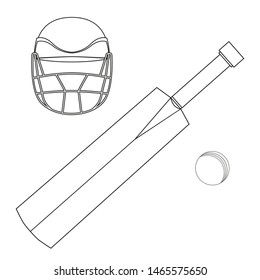   Set of cricket bat, ball and helmet. Black and white linear vector illustration for coloring book isolated on white background.