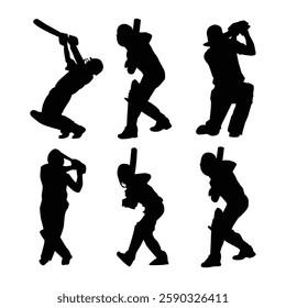 Set of cricket batsman shot, batsman black silhouettes shapes drawing illustration Vol 02