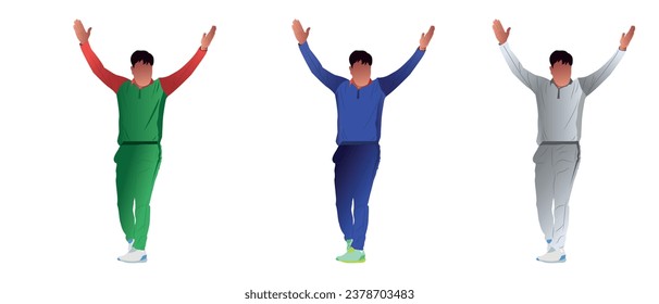 Set of cricket bowler celebrating after taking a wicket.