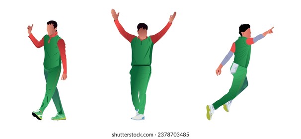 Set of cricket bowler celebrating after taking a wicket.