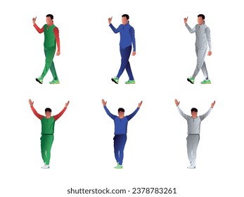 Set of cricket bowler celebrating after taking a wicket.