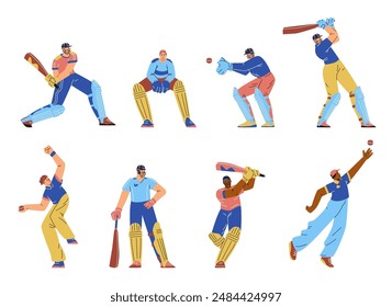 Set of cricket characters isolated on white background. Collection of sports players in active poses. Cricketers hit the ball with a bat. Vector illustration.