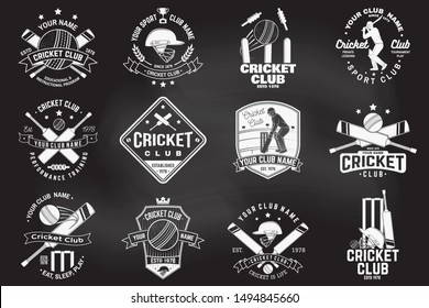 Set of cricket club badges on the chalkboard. Vector illustration. Concept for shirt, print, stamp or tee. Templates for cricket sports club.