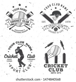 Set of cricket club badges. Vector. Concept for shirt, print, stamp or tee. Vintage typography design with cricket batsman, ball, wicket, bail and helmet silhouette. Templates for sports club.