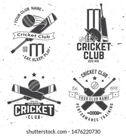 Set of cricket club badges. Vector. Concept for shirt, print, stamp or tee. Vintage typography design with cricket ball, wicket, bail and helmet silhouette. Templates for sports club.