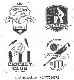 Set of cricket club badges. Vector. Concept for shirt, print, stamp or tee. Vintage typography design with cricket batsman, ball, wicket, bail and helmet silhouette. Templates for sports club.