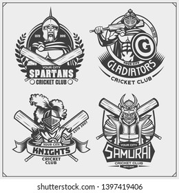 Set of cricket club emblems, labels, badges and design elements with ancient warriors. Print design for t-shirt.