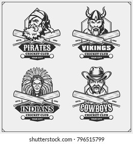 Set of cricket club emblems, labels, badges and design elements.