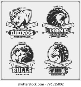 Set of cricket club emblems, labels, badges and design elements with lion, horse, bull and rhino. Print design for t-shirts.