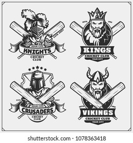 Set of cricket club labels, badges and design elements. Emblems with viking, king, knight and crusader.