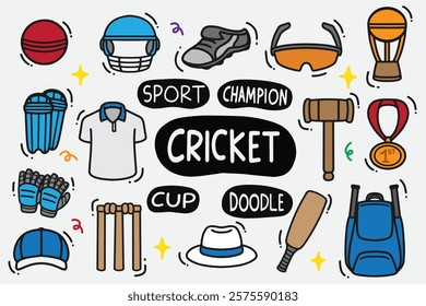 set of cricket doodle with color good for sticker, background, wallpaper, element design, icon, badge, etc