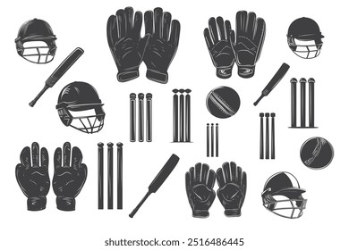 set of cricket element silhouette vector illustration on white background