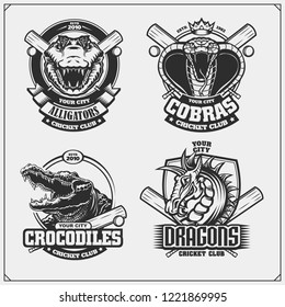 Set of cricket emblems, badges, logos and labels with cobra, crocodile and dragon.