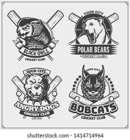 Set of cricket emblems, badges, logos and labels with tiger, panther and wildcat. Print design for t-shirt.