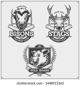 Set of cricket emblems, badges, logos and labels with deer, bison, elk and wild boar. Print design for t-shirts.