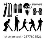 A Set Of Cricket Equipment Clip Art Set Bats Balls Helmets Gloves Stumps With Cricket Gured Full Set Vector Clip Art Collection. Cricket Instruments Silhouette Bundle.
