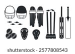 A Set Of Cricket Equipment Clip Art Set Bats Balls Helmets Gloves Stumps With Cricket Gured Full Set Vector Clip Art Collection. Cricket Instruments Silhouette Bundle.