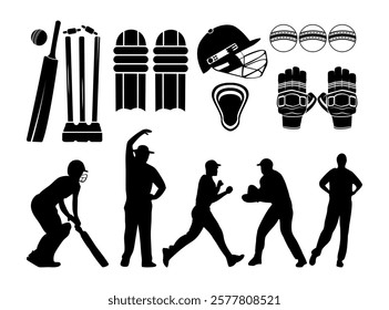 A Set Of Cricket Equipment Clip Art Set Bats Balls Helmets Gloves Stumps With Cricket Gured Full Set Vector Clip Art Collection. Cricket Instruments Silhouette Bundle.