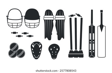 A Set Of Cricket Equipment Clip Art Set Bats Balls Helmets Gloves Stumps With Cricket Gured Full Set Vector Clip Art Collection. Cricket Instruments Silhouette Bundle.