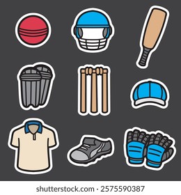 set of cricket equipment good for sticker, element design, icon, badge, etc