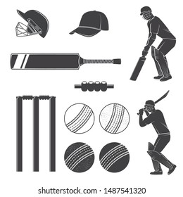 Set of cricket equipment silhouette icons. Vector illustration. Set include cricket bat, wicket, bail, helmet, ball and batsmans. Equipment icons for sport activity.