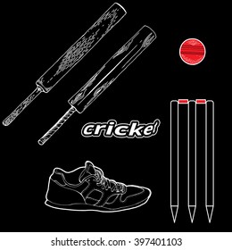 Set of cricket graphic elements include: balls, bats, sneakers. The ball and bats. Cricket sports label, badge, emblem. White cricket ball and wooden bats on black background