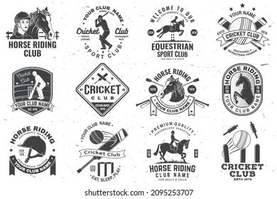 Set of cricket and Horse riding club, patches, emblem, logo. Vector illustration. Concept for shirt, print, stamp or tee. Templates for cricket and Horse riding sports club. Vintage monochrome label