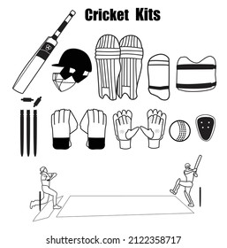 Un conjunto de kits de cricket o elementos iconos o icono deportivo