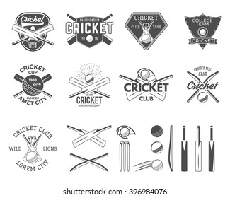 Set of cricket logo templates. Sports emblems and equipment elements. Easy to create own badge. Use for tee designs, web or t-shirt. Monochrome style, isolated on white background