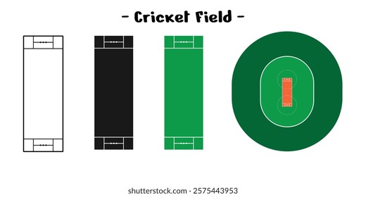 set of cricket pitch designs, in outline, solid, and colored, editable vector eps 10.