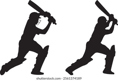 Set of Cricket player silhouette icon, Cricket Batsman hit action vector art illustration style on white background.