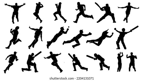 Set of cricket players batting bowling fielding catching ball celebrating after victory silhouettes Vector Illustration