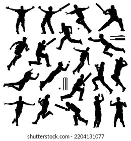 Set of cricket players batting bowling fielding catching ball celebrating after victory silhouettes Vector Illustration