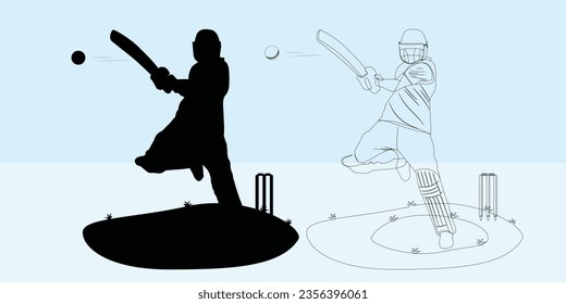 Set of cricket players batting bowling fielding catching ball celebrating after victory silhouettes Vector Illustration