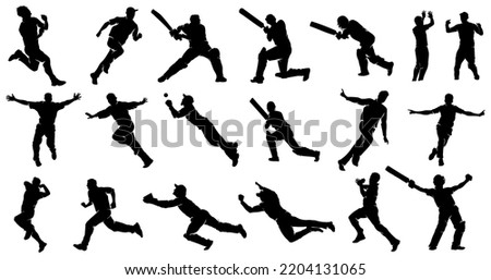 Set of cricket players batting bowling fielding catching ball celebrating after victory silhouettes Vector Illustration