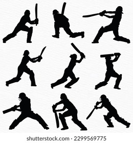 Set of cricket players batting  silhouettes Vector Illustration