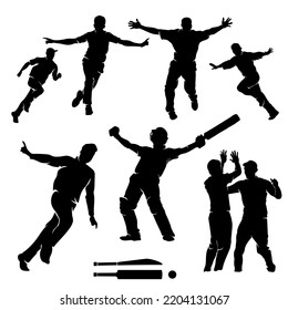 Set of cricket players celebrating after victory silhouettes Vector Illustration