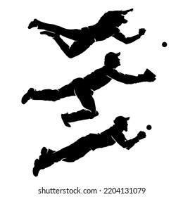 Set of cricket players fielding and catching ball silhouettes Vector Illustration