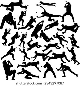 Set of cricket players, fielding and wicketkeeper catching ball silhouettes Vector Illustration