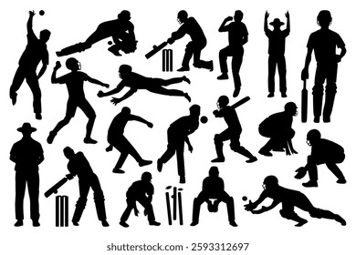 Set of cricket players silhouette on the field. Black and white Vector Illustration