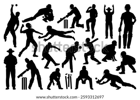 Set of cricket players silhouette on the field. Black and white Vector Illustration