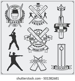 Set of cricket sports symbols, labels, logos and design elements. Cricket emblems and equipment elements.