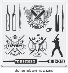 Set of cricket sports symbols, labels, logos and design elements. Cricket emblems and equipment elements.