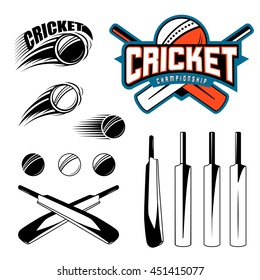 Set of cricket sports template logo elements - ball, bat. Use as icons, badges, label designs or print. Vector illustration sport championship