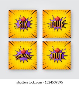 Set of cricket template, emblem, or badges design with text Six, Four, Howzzat and Out in pop art style.
